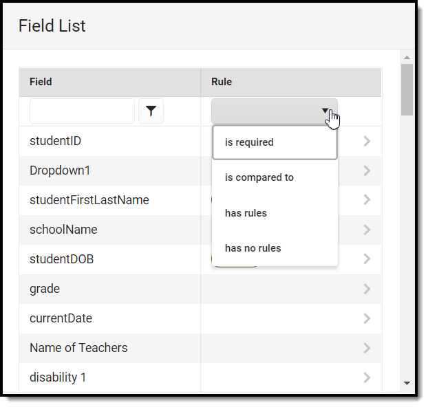 Image of rule dropdown filtering options Image of rule dropdown filtering options